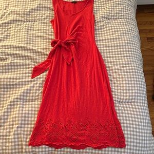 Talbots Sleeveless Red Tie-Waist Midi Dress with Eyelet Hem